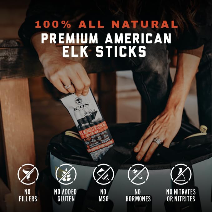 ICON Meats Elk and Pork Snack Sticks - Original Flavor - 6 Packs Per Box, 4 Sticks Per Pack, All Natural Jerky Meat Sticks, USDA Approved, Diet Friendly, High Protein, Low Calorie, Sugar Free