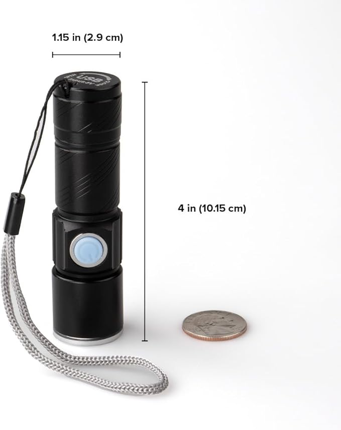West Coast Paracord LED Flashlight, 3 Modes, Adjustable Zoom Focus, USB Rechargeable, Portable EDC Tactical Light, Bright 200 Lumens, Long Battery