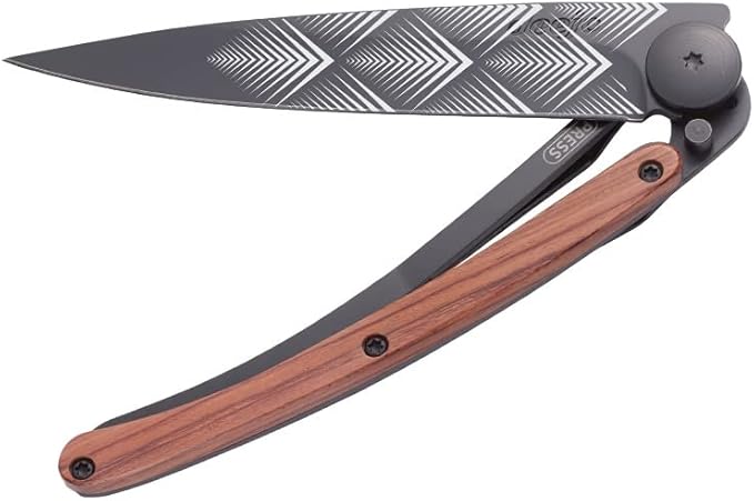 deejo - 0.9 OZ, Black Titanium, Coral Wood, Art Déco - Ultra-Light Folding Pocket Knife with a Belt Clip - Z40C13 Stainless Steel