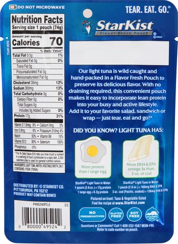 StarKist Chunk Light Tuna in Water - 2.6 oz Pouch (Pack of 6)