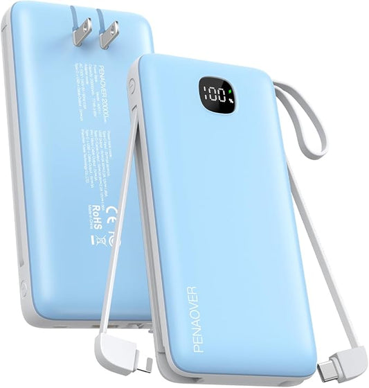 Portable Charger with Built-in Cables&AC Wall Plug,5 Output 2 Input 20000mAh Power Bank,22.5W Fast Charging Battery Pack with LED Display,Compatible with iPhones,Android, Samsung etc,Blue