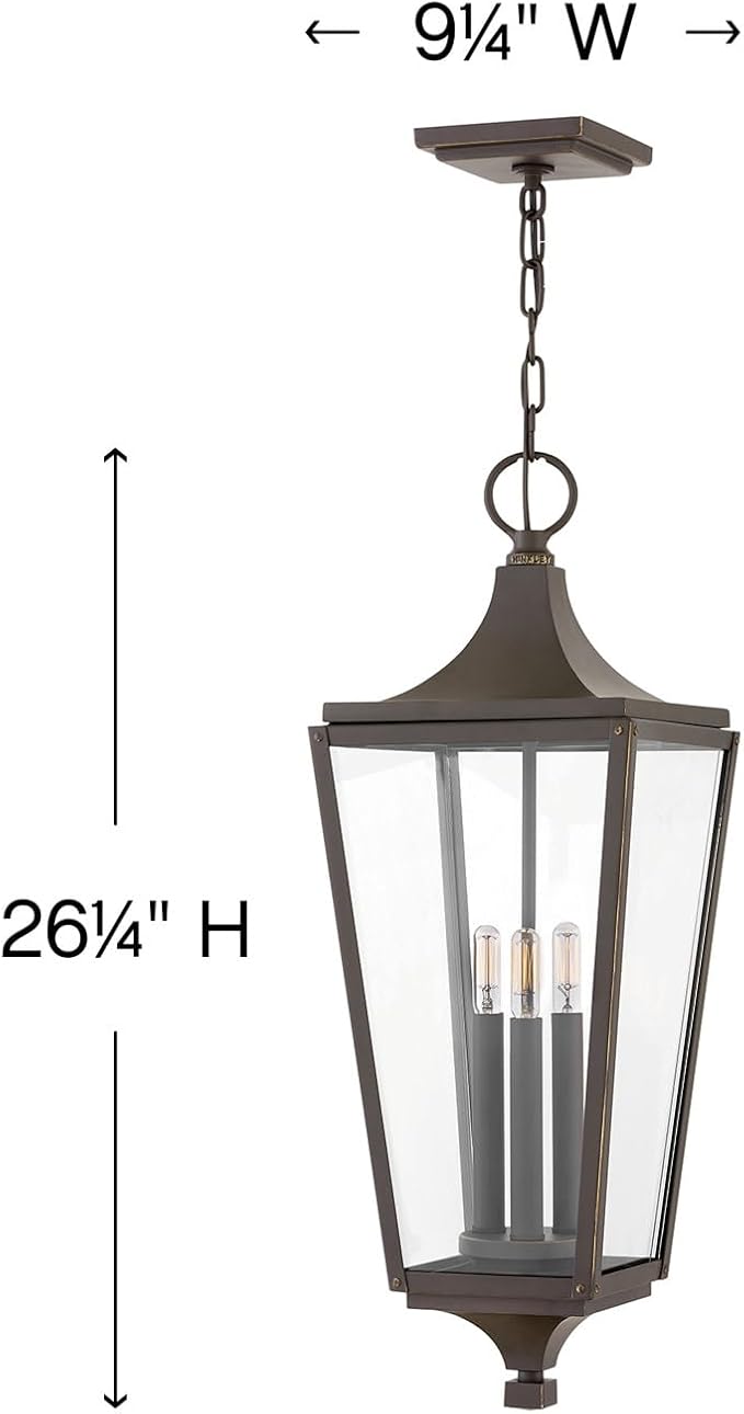 Hinkley Jaymes Large Hanging Outdoor Lantern - Aluminum, Clear Glass Panes, Rivet Details, Cast Finials - Oil Rubbed Bronze Finish