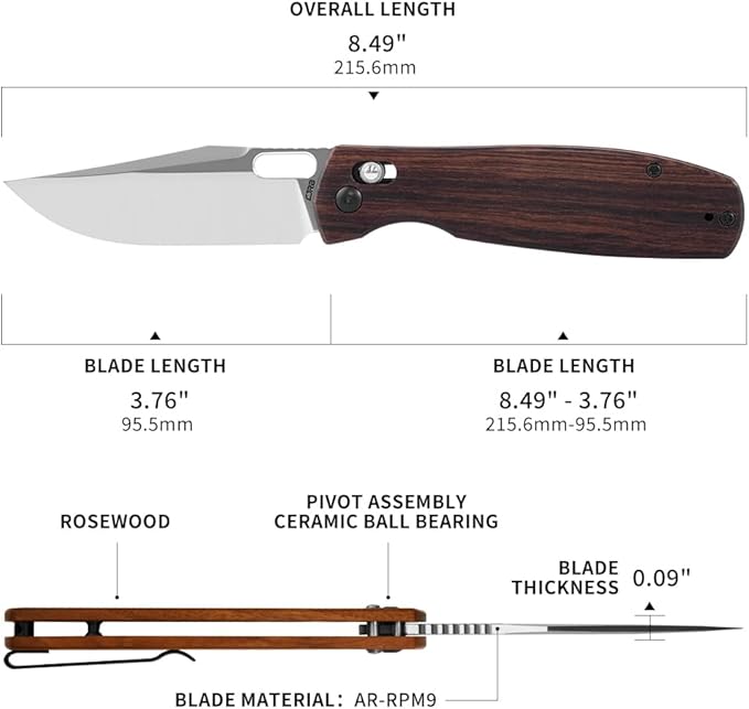 CJRB Prado Folding Pocket Knife 3.76" AR-RPM9 Sand Polish Steel Blade Rosewood Handle Crossbar Lock for Men Outdoor, Survival, Camping and EDC, J1936