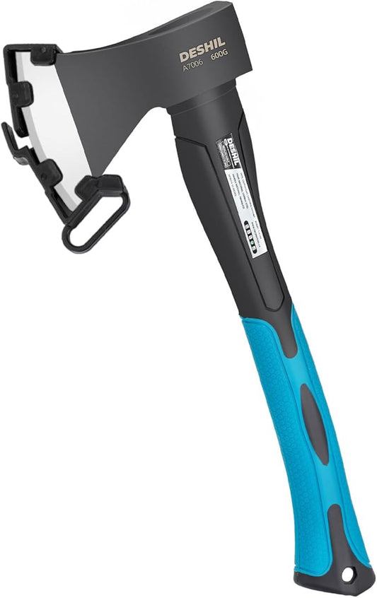 Chopping Axe, 15”Outdoor Hatchet Forged Carbon Steel Heat Treated Hand Maul Tool, Fiberglass Shock Reduction Handle with Anti-Slip Grip, Blue