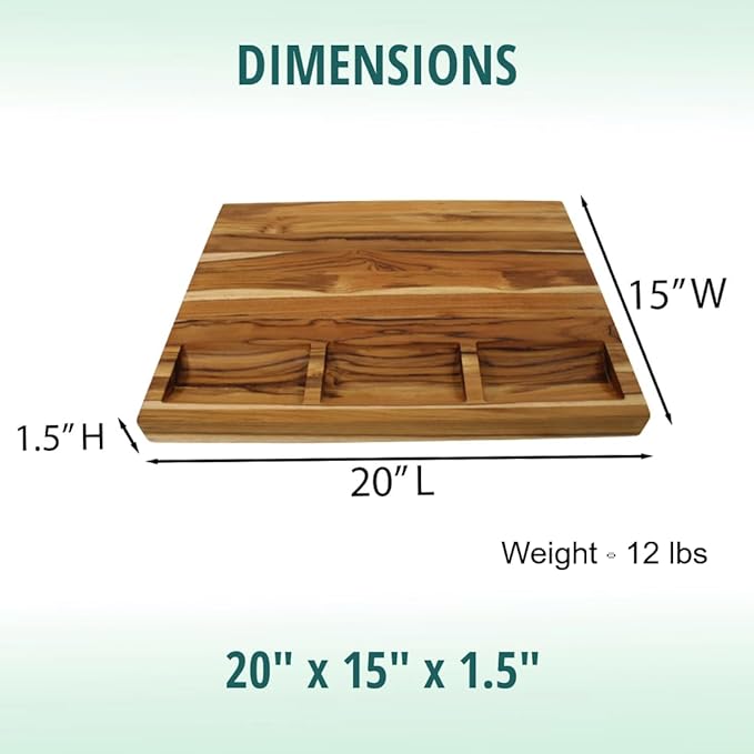 EcoDecors, Teak Cutting Board 20"x15" Reversible Edge Grain, Extra Large Solid Teak Wood Carving Board with Juice Groove, 3 Charcuterie Trays, Side Handles, Best Wooden Cutting Board for Kitchen
