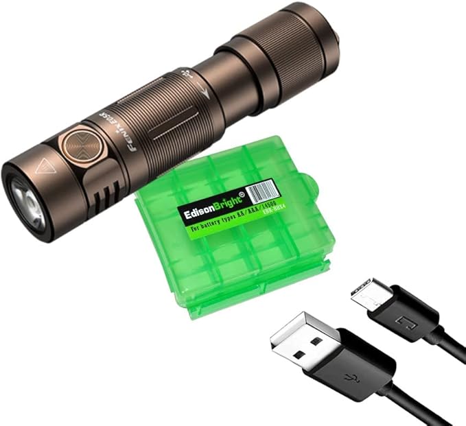 EdisonBright Fenix E05R 400 Lumen USB Rechargeable EDC Keychain Flashlight Charging Cable Carrying case (Desert Brown)