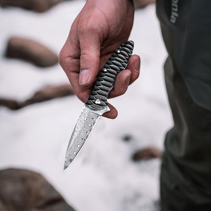 Damascus Pocket Knife, 2.87" Damascus Blade Folding Knives with Stainless Steel Handle, EDC Knife for Camping Hiking Hunting Gift