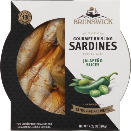 Brunswick Wild Caught Gourmet Brisling Sardines in Extra Virgin Olive Oil Topped with Jalapeño Slices, 4.23 oz Can - Wild Caught Sardines - 13g Protein per Serving - Gluten Free, Keto Friendly