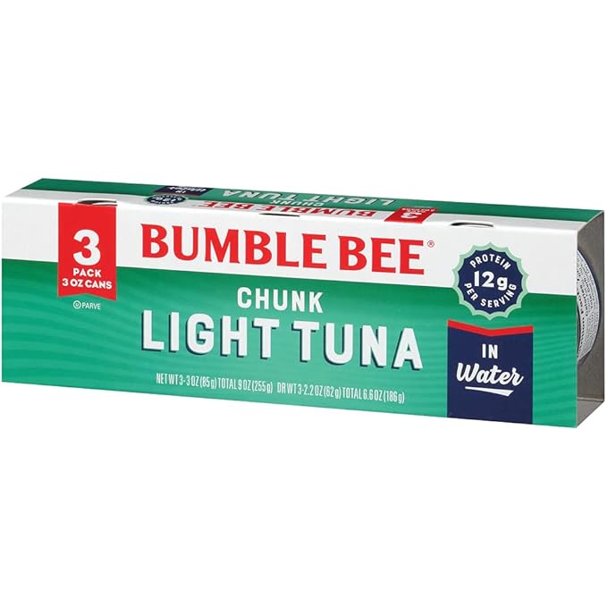 Bumble Bee Chunk Light Tuna In Water, 3 oz Cans (8 Packs of 3, 24 Cans Total) - Wild Caught Skipjack Tuna - 12g Protein Per Serving - MSC Certified Sustainable Seafood, Non-GMO, Gluten Free, Kosher