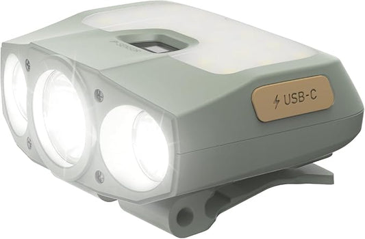 Claymore Capon 200H (Mint Gray) - LED Rechargeable Clip-On Cap Headlamp, Lightweight Hat Light for Camping, Running, Hiking, Emergency & Industrial Use, Waterproof, USB-C, 55 Hours of Battery Life.