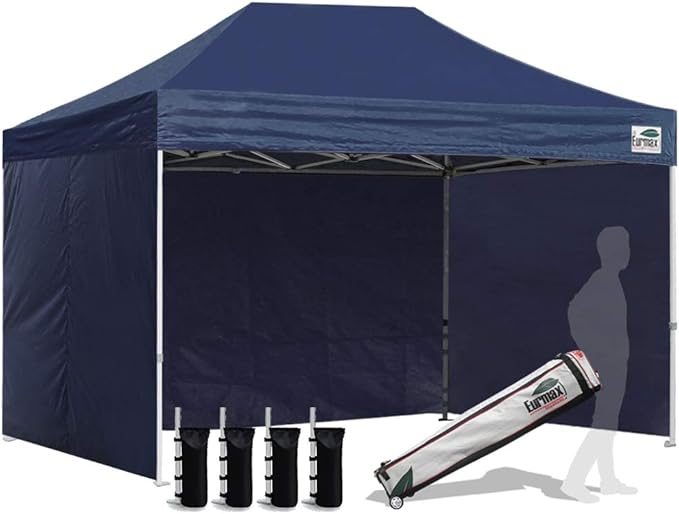 Eurmax USA 8'x12' Pop-up Canopy Tent Commercial Instant Canopies with 4 Removable Zipper End Side Walls and Roller Bag, Bonus 4 SandBags(Navy Blue)