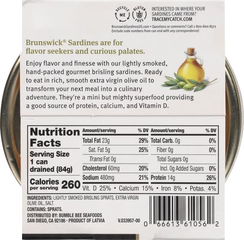Brunswick Wild Caught Gourmet Brisling Sardines in Extra Virgin Olive Oil, 4.23 oz Can - Wild Caught Sardines - 14g Protein per Serving - Gluten Free, Keto Friendly (Pack of 4)