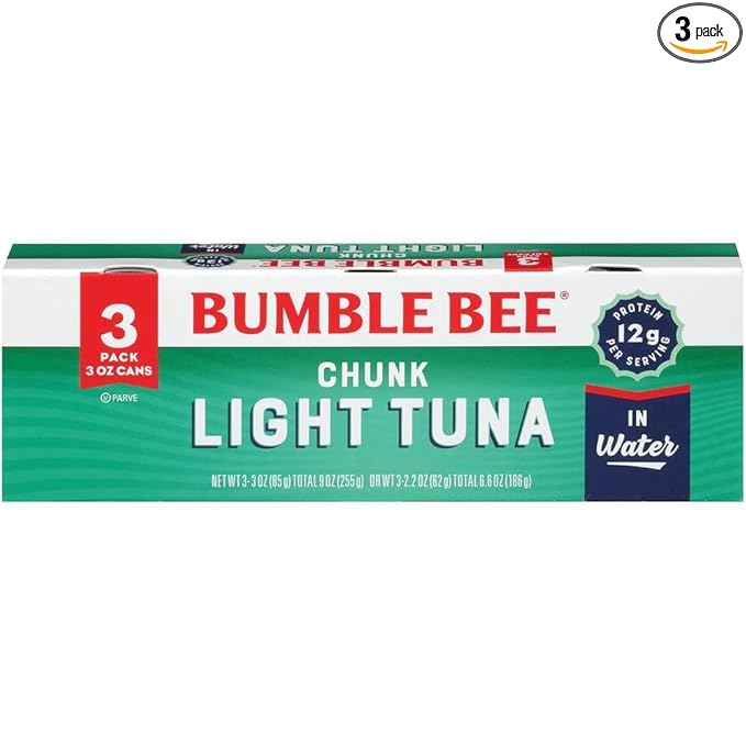Bumble Bee Chunk Light Tuna In Water, 3 oz Cans (Pack of 3) - Wild Caught Skipjack Tuna - 12g Protein Per Serving - MSC Certified Sustainable Seafood, Non-GMO, Gluten Free, Kosher