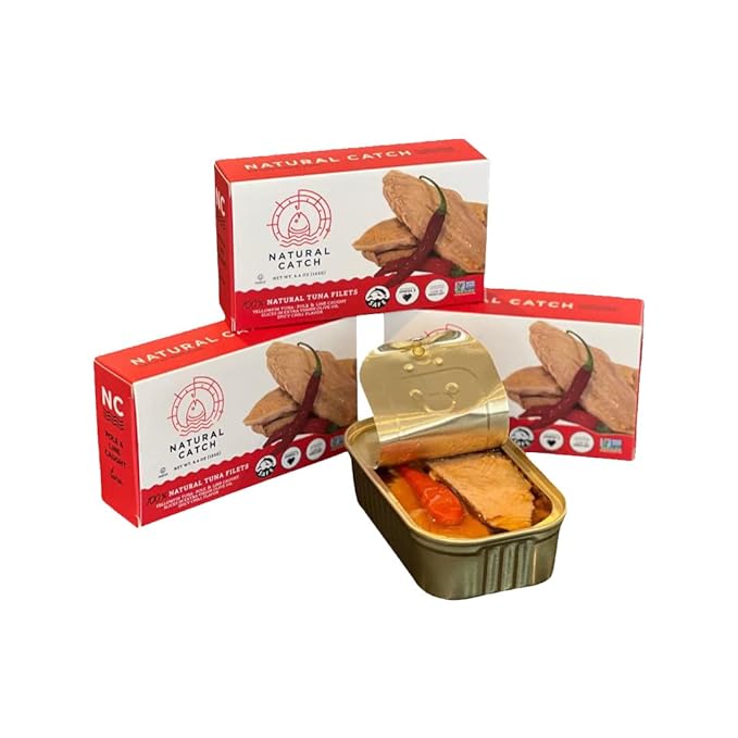 Natural Catch Tuna Spicy Yellowfin Filets, Hand Cut, Pole & Line Caught, 130 Calories Gluten-Free, Paleo, Keto Friendly, Premium Yellowfin Tuna in Extra Virgin Olive Oil and Spicy Chili's (4.4 oz per can- Pack of 12) (Yellowfin Spicy Tuna)