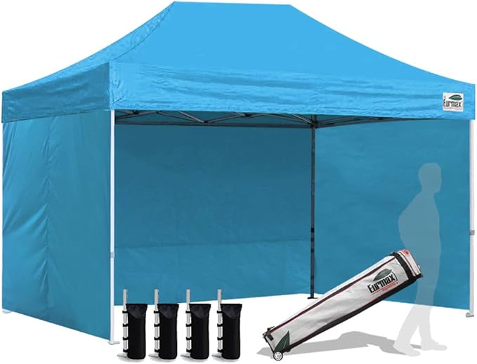 Eurmax USA 8'x12' Pop-up Canopy Tent Commercial Instant Canopies with 4 Removable Zipper End Side Walls and Roller Bag, Bonus 4 SandBags(Sky Blue)