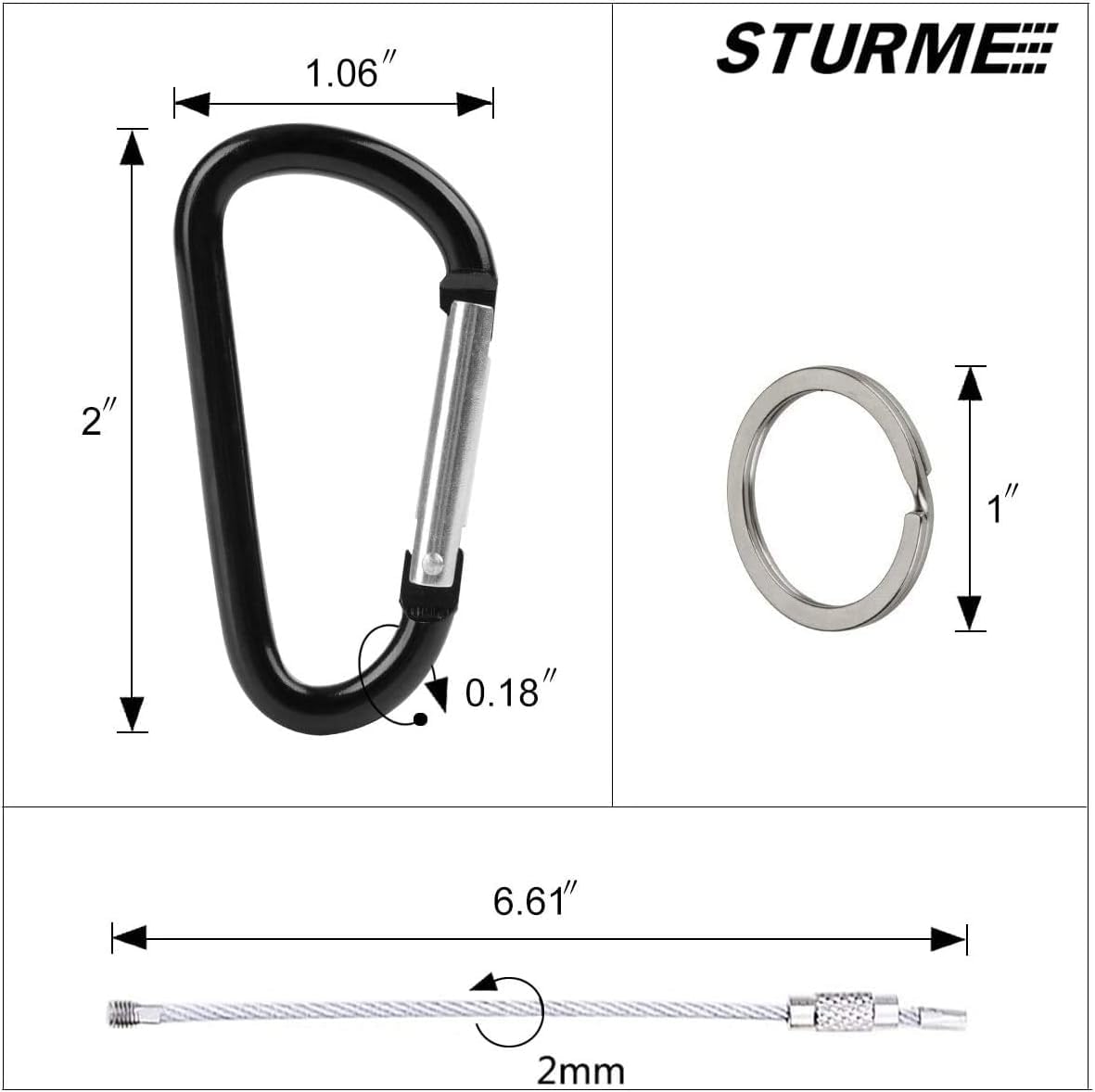 STURME 2" Aluminum D Ring Carabiners Clip D Shape Spring Loaded Gate Small Keychain Carabiner Clip