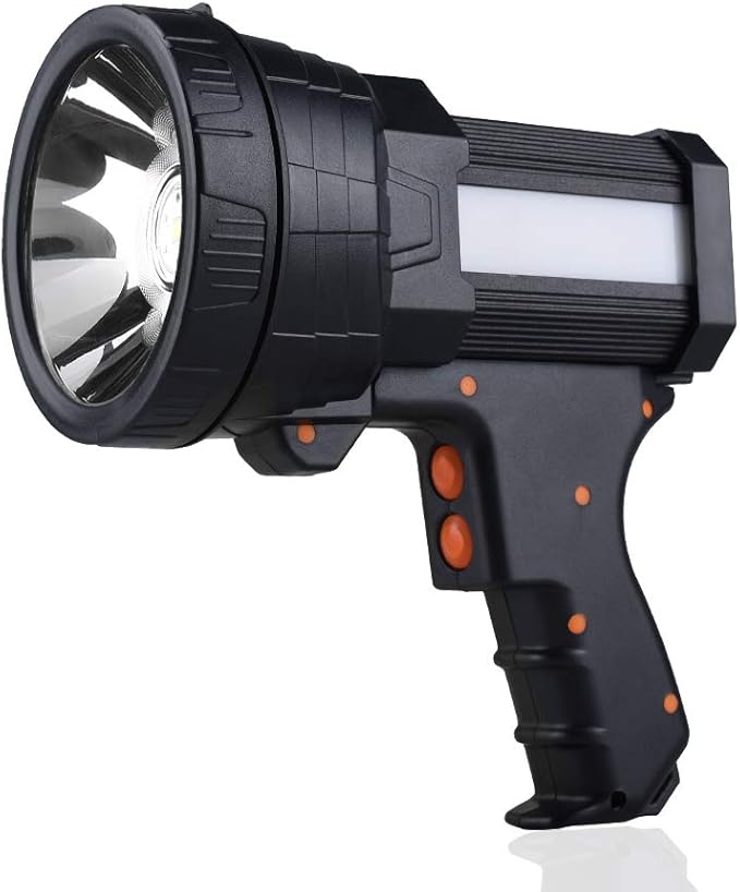 YIERBLUE Rechargeable Spotlight, Super Bright High Lumen LED Handheld Spotlight Long Lasting Large Flashlight Searchlight and Flood Camping Flashlight with Foldable Tripod Black