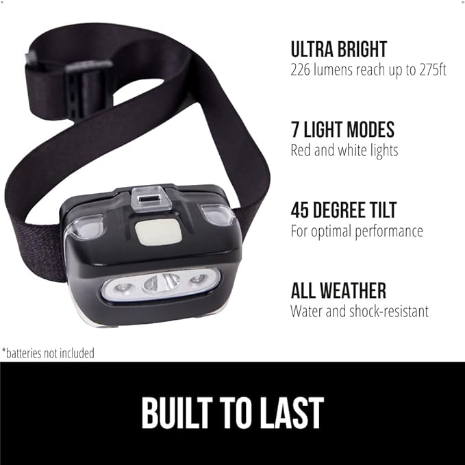GORILLA GRIP Ultra Bright 226 High Lumens LED Head Lamp 2 Pack, 7 Light Modes Water Resistant IPX4 Headlamp, Lightweight Adjustable Headband, Battery Powered Camping Forehead Flashlight Lamps, Black