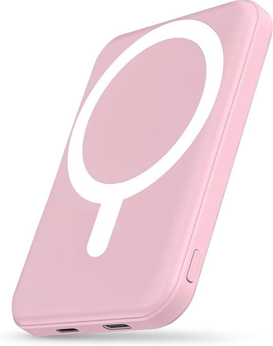 podoru for Magsafe Battery Pack, 5000mAh Magnetic Power Bank with Type-C Cable 20W PD Fast Charging Lighting Input Wireless Portable Charger for iPhone 17/16/15/14/13/12/ All Series-Pink