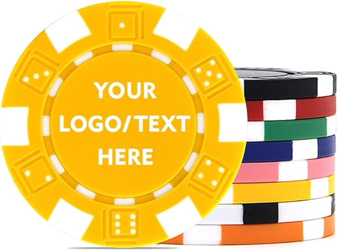 100 Custom Dice Striped Poker Chips, Print Your Text, Logo or Design, Casino Sized Chips for Texas Hold'em, Blackjack, Tournaments, Card Clubs