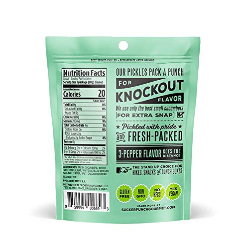 SuckerPunch Three Pepper Pickle Chips, Snack Pack, Gluten Free, Kosher, Sugar Free, Low Calorie, Low Carb, Ready to Eat, on the Go, Non GMO, Keto Friendly, Vegan, 3.4 Oz, Single Serve Pouch, 12 Pack