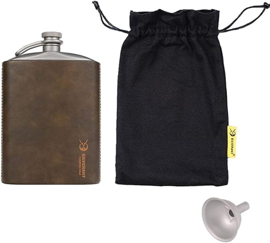 SILVERANT Titanium Ultralight 7.74oz/220ml Hip Flask Canteen, Lightweight Compact Outdoor Flask, Limited Edition With Leather Case & Funnel