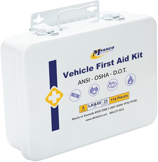 MFASCO Vehicle First Aid Kit - DOT/ANSI/OSHA Compliant - Metal - Portable & Mountable - Waterproof - First Aid Kits for Businesses, Construction, Commercial Vehicles, Workplaces - 115 Pcs