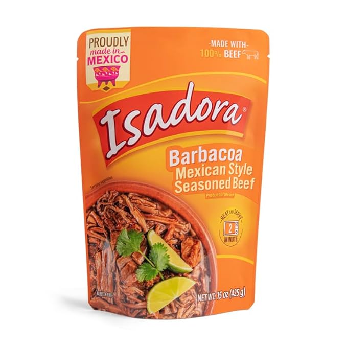 Isadora Fully Cooked Barbacoa Mexican Style 15 oz, Ready-to-eat, Seasoned Beef, Instant Meal, Shelf Stable