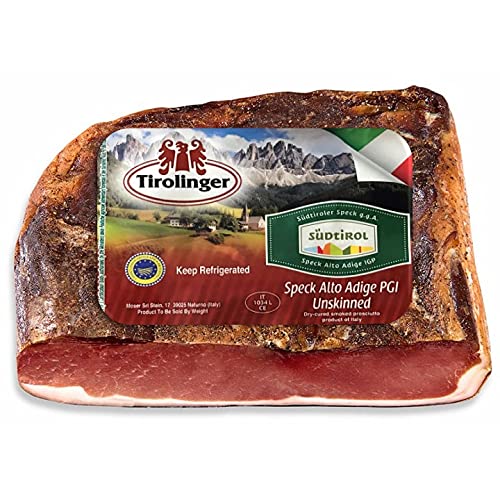 Speck, 6 lbs +/- (4lbs - 6lbs/piece) ,Seasoned and Smoked Italian Ham, Cured in the European Alps Mountains, Alto Adige IGP, Boneless and Ready to Slice, Best sliced paper thin with slicer, (Not Prosciutto), Weight approx. 6 lbs, by Moser Tirolinger brand