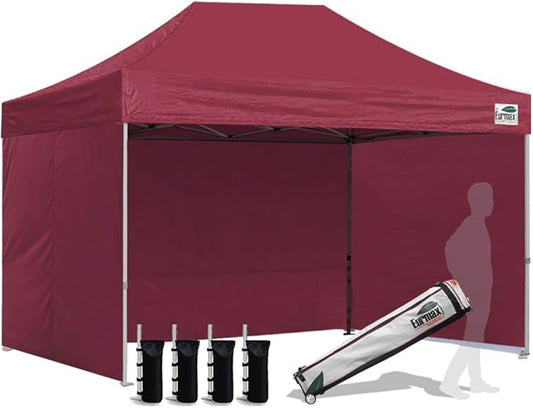 Eurmax USA 8'x12' Pop-up Canopy Tent Commercial Instant Canopies with 4 Removable Zipper End Side Walls and Roller Bag, Bonus 4 SandBags(Burgundy)