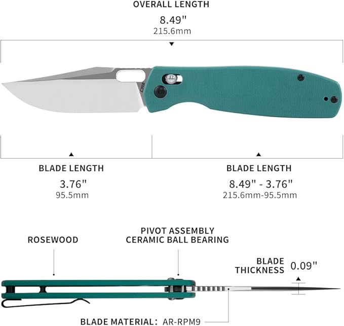 CJRB Prado Pocket Knife 3.76" AR-RPM9 Sand Polish Steel Blade G10 Handle Crossbar Lock Folding Pocket Knife for Men Outdoor Survival Camping and EDC, J1936 Aqua Green