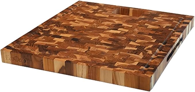 EcoDecors, Teak End Grain Cutting Board 17"x18", FSC Teakwood Butcher Block with Juice Groove, Waste Chute & Handles, Solid Wood Cutting Board for Kitchen, Carving & Stove-Top Prep