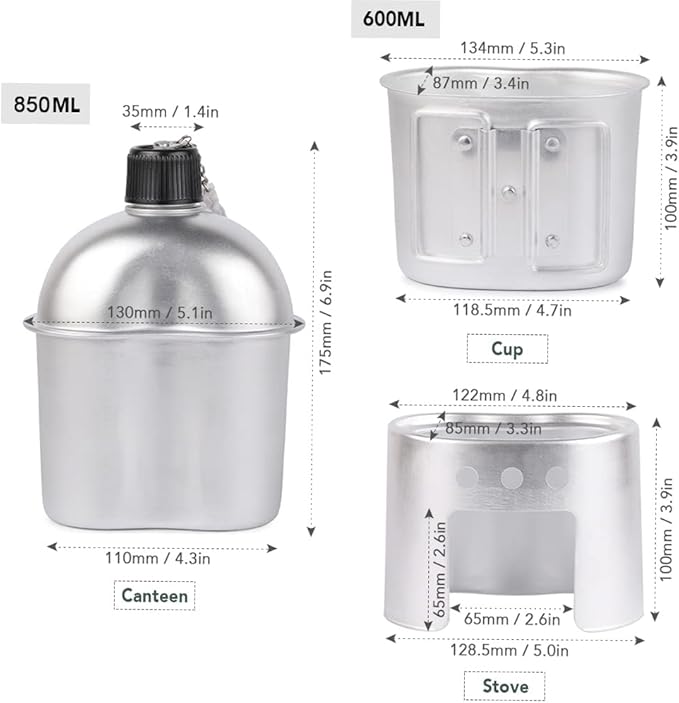 Camping cookware Set, 3pcs Cookware Set Aluminum Canteen Cup Wood Stove Set with Cover Bag for Camping Hiking Backpacking