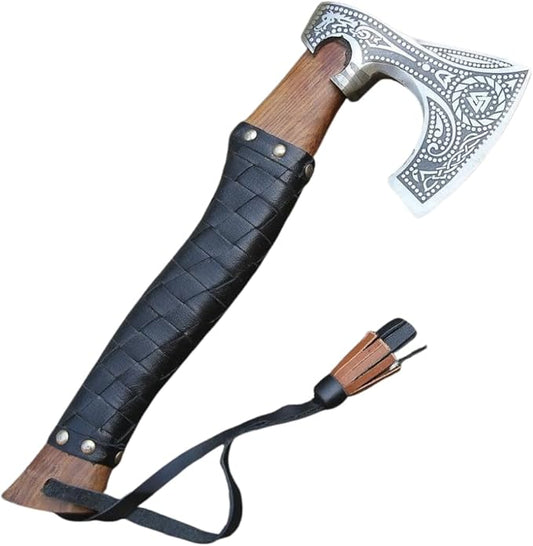 Qepaa Crafts®Russian Valknut Wood Viking Style Bearded Axe Tomahawk - Real Hatchet, Best Gift for Anniversary, Valentine's Day, Birthday,Leather Sheath with Leather Wrap Handle Perfect Hand Grip (SFL)