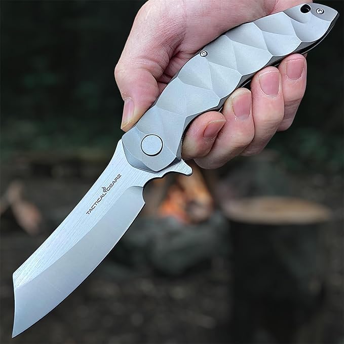 TACTICAL GEARZ Custom Titanium Pocket Folding Knife, Solid Tc4 Titanium Handle, CPM-D2 Steel DAO Blade. (Zeus Beast Bundle)