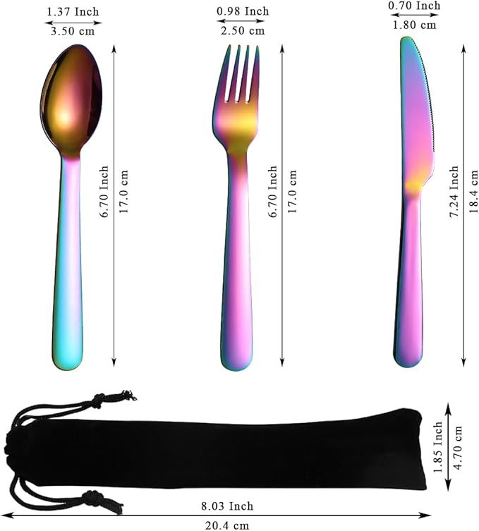 Evanda 3 Piece Portable Silverware Set, Include Knife Fork Spoon, Rainbow Titanium Plating Camping Cutlery Set With Black Bag, For Home Kitchen Camping Travel, Dishwasher Safe