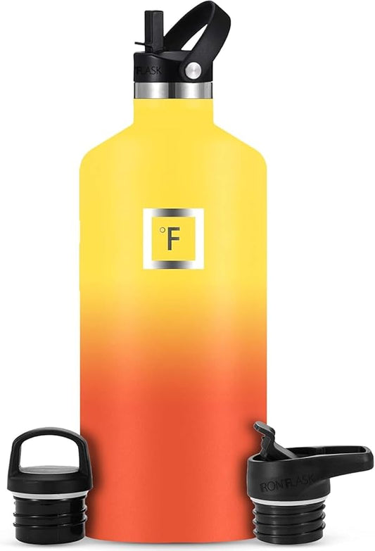 IRON °FLASK Camping & Hiking Hydration Canteens - 3 Lids (Narrow Straw Lid) Leak Proof Vacuum Insulated Stainless Steel - Hot & Cold Double Walled Sports Water Bottle - Fire, 64 Oz