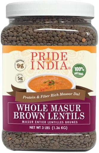 Pride Of India - PACK of 6 - Indian Whole Brown Crimson Masur Lentils - Protein & Fiber Rich Masoor Whole, 3 Pound Jar