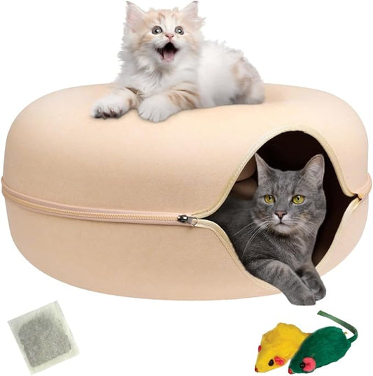 Laluz 2021 Large Cat Tunnel Bed for Indoor Cats Up to 30 Lbs Peekaboo Donut Cave with Catnip and Plush Toys Scratch Resistant Felt Design Detachable and Washable Cat Tunnel (Beige, L)
