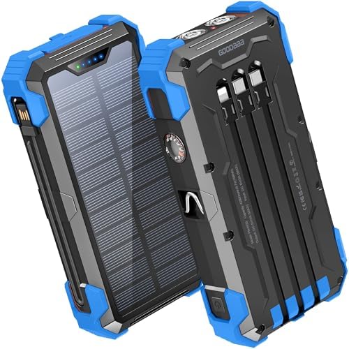 GOODaaa Portable Charger 42800mAh Built in 4 Cables and Thermometer 15W Fast Charging Power Bank Five Outputs Three Inputs Solar Charger Power Bank, SOS/Strobe/Strong Flashlights, Carabiner
