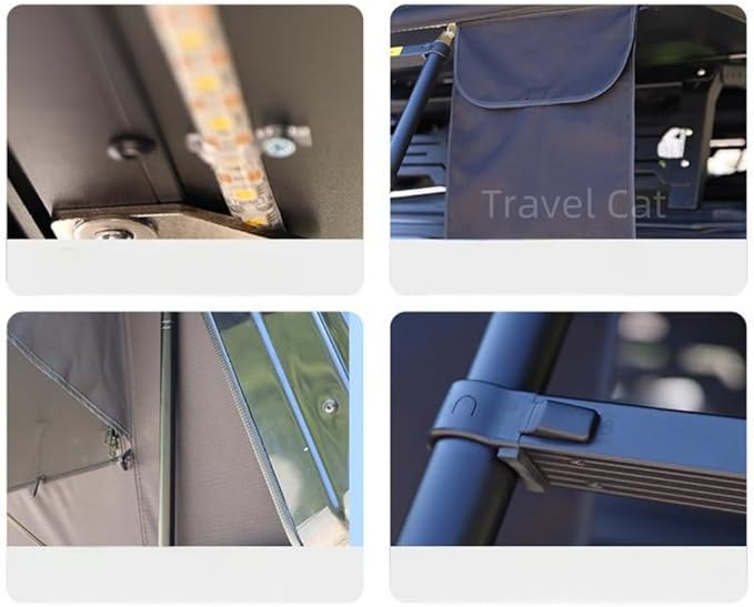 Travel Cat Rooftop Tent Hard Shell - Travel Cat Loft Overland Aluminium Roof Top Tent 4 Sides Windows & AC Duct Hole& Lights Belt for Car SUV Truck Camping for 2-3 People (Black)