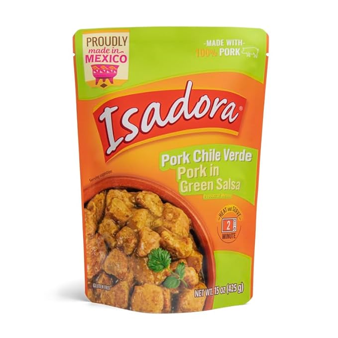 Isadora Fully Cooked Pork Chile Verde 15 oz, Ready-to-eat, Pork in Green Salsa, Medium Heat, Shelf Stable, No Refrigeration Needed, Instant Meal