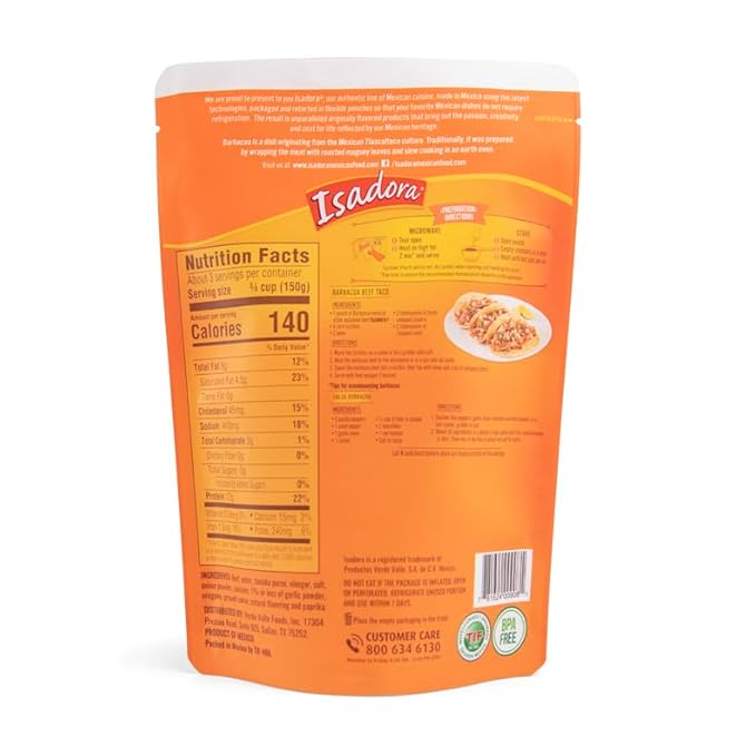 Isadora Fully Cooked Barbacoa Mexican Style 15 oz, Ready-to-eat, Seasoned Beef, Instant Meal, Shelf Stable