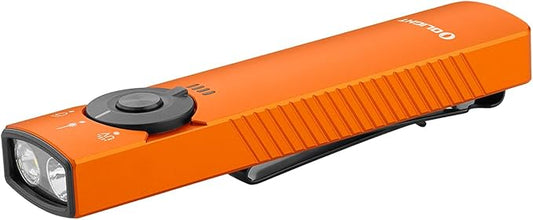 OLIGHT Arkfeld Pro Rechargeable EDC Flat Flashlight with Green Beam, UV and White LED Combo, 1300 Lumens Portable Pocket Lights, Triple Sources for Outdoors Emergency Working (Orange CW)