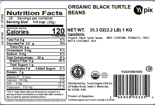 Yupik Organic Black Turtle Beans, 2.2 lb (35.3 oz), Non-GMO, Vegan & Gluten-Free, USDA Certified, Kosher, Dried Beans, Excellent Source of Protein & Fiber, Perfect for Soups, Salads & Dips