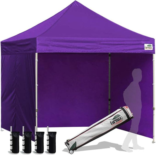Eurmax USA 8'x8' Pop-up Canopy Tent Commercial Instant Canopies with 4 Removable Zipper End Side Walls and Roller Bag, Bonus 4 SandBags(Purple)