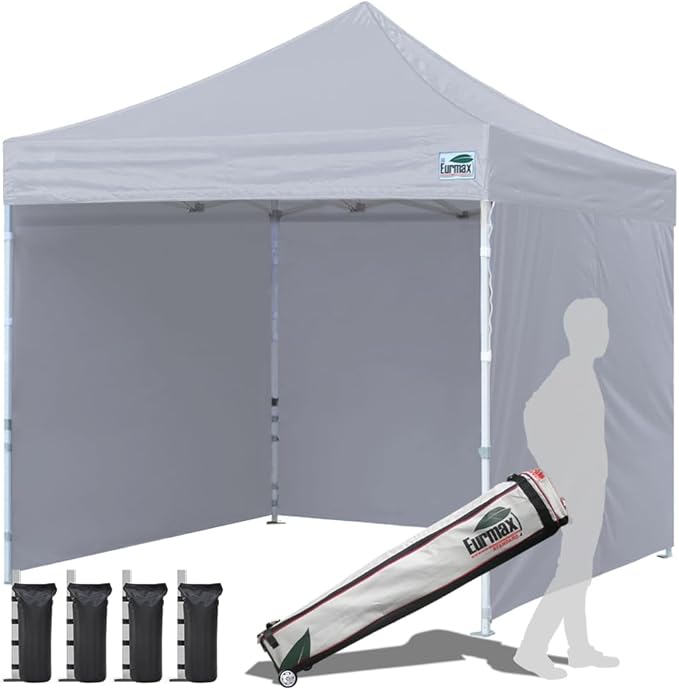 Eurmax USA 10'x10' Pop-up Canopy Tent Commercial Instant Canopies with 4 Removable Zipper End Side Walls and Roller Bag, Bonus 4 SandBags(Gray)