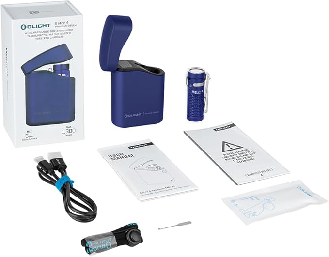 OLIGHT Baton4 Premium Edition EDC Lights 1300 Lumens with Type-C Charging Box, Powered by Rechargeable Battery, Small Bright Flashlight for Camping, Emergencies, Outdoors (Regal Blue)