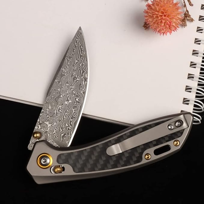 MASALONG Kni256 Pocket Knife, EDC Folding Knives, 3.77 "VG10 Damascus Blade, Carbon Fiber Alloy Steel Handle for Tactical Survival Outdoor