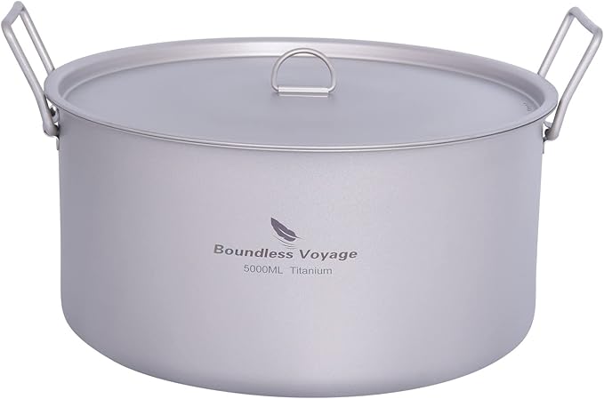 Boundless Voyage Outdoor Camping Titanium Pot 5.0L Stockpot with Lid Folding Handle Hiking Picnic Portable Big Capacity Soup Pot Home Kitchen